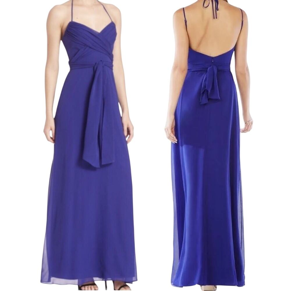 BCBG Silk Rosabelle Gown Halter Tie Neck Tie Waist Pleated Cobalt Blue Womens 10